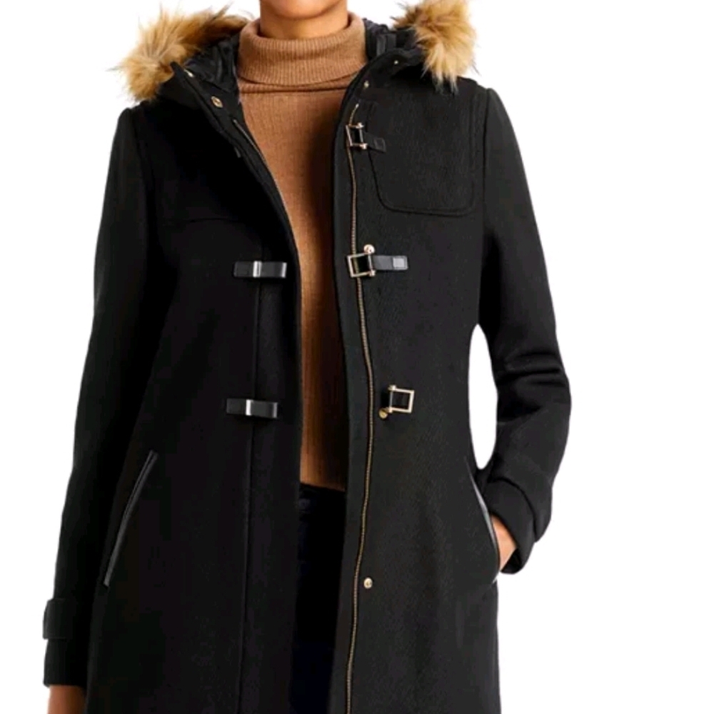 Cole Haan Black Trench Coat with Tan Faux Fur Hood Size 2